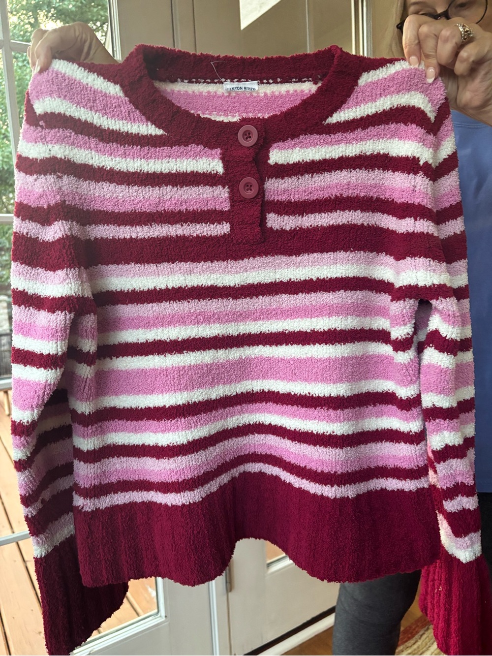 Y2K Cozy Striped Button Henley Sweater - Pink & Burgundy